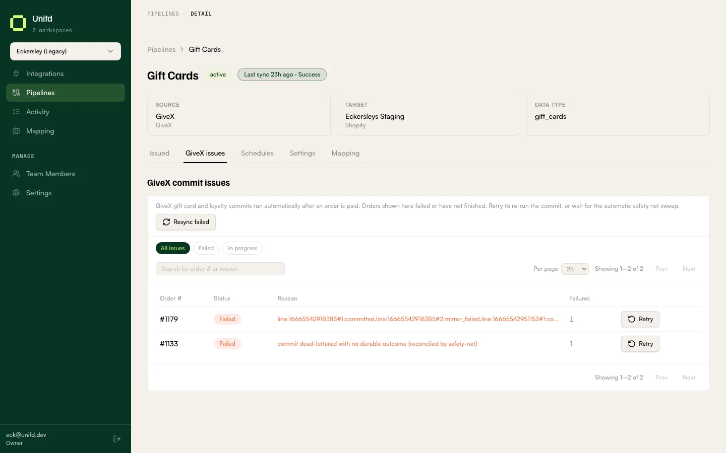 The GiveX issues tab listing gift-card problems by order