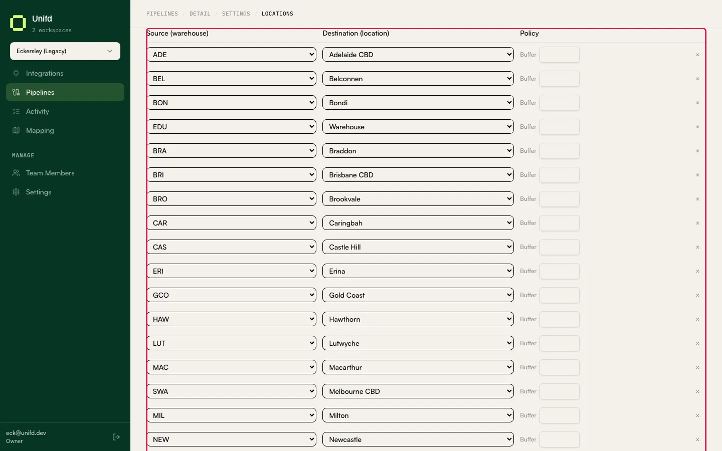 The Location mappings table pairing source warehouses with storefront locations