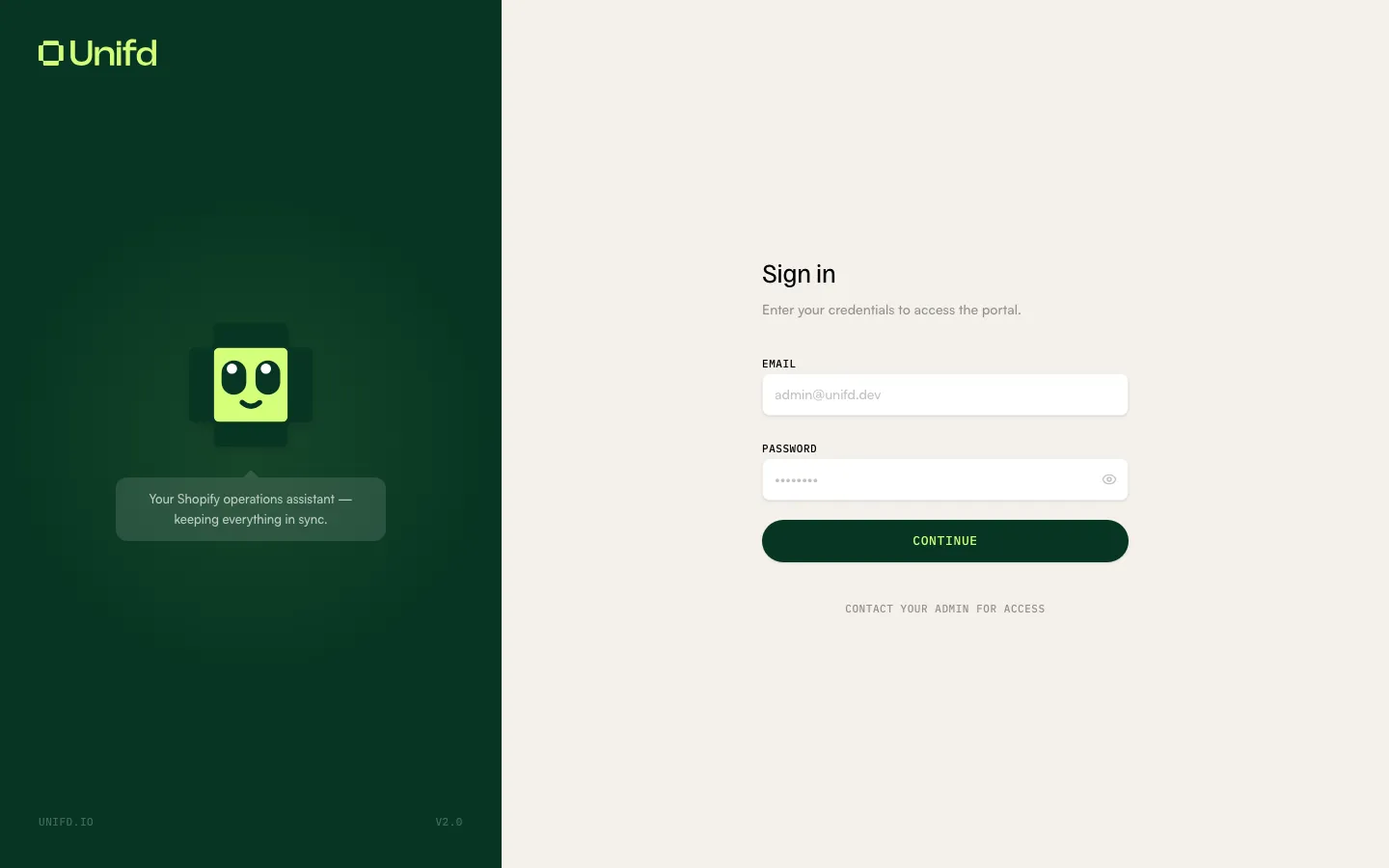 The Unifd sign-in page, with email and password fields