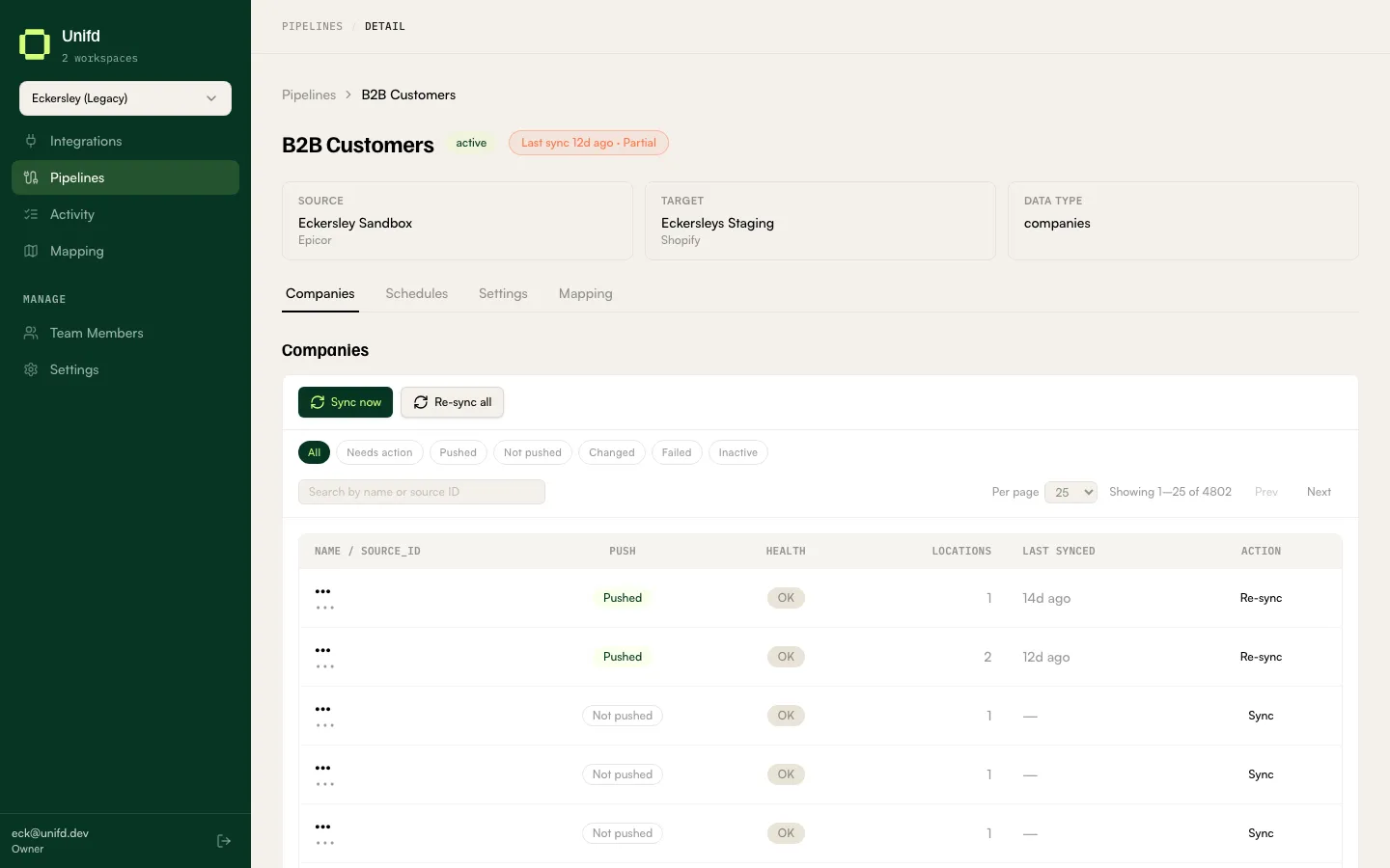 The Companies tab listing trade accounts with their push state and health