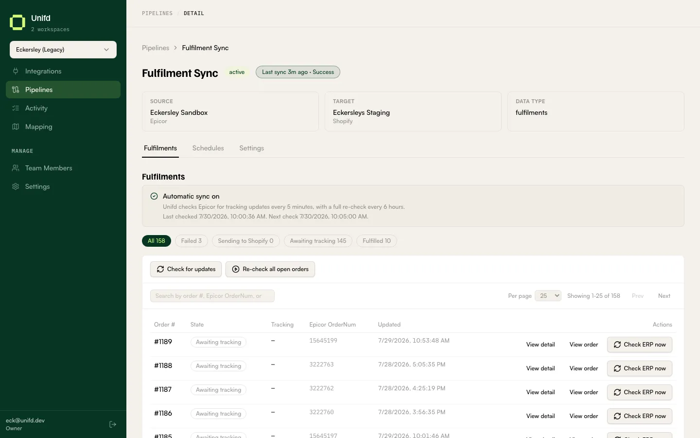 The Fulfilments tab listing orders with their despatch state and tracking