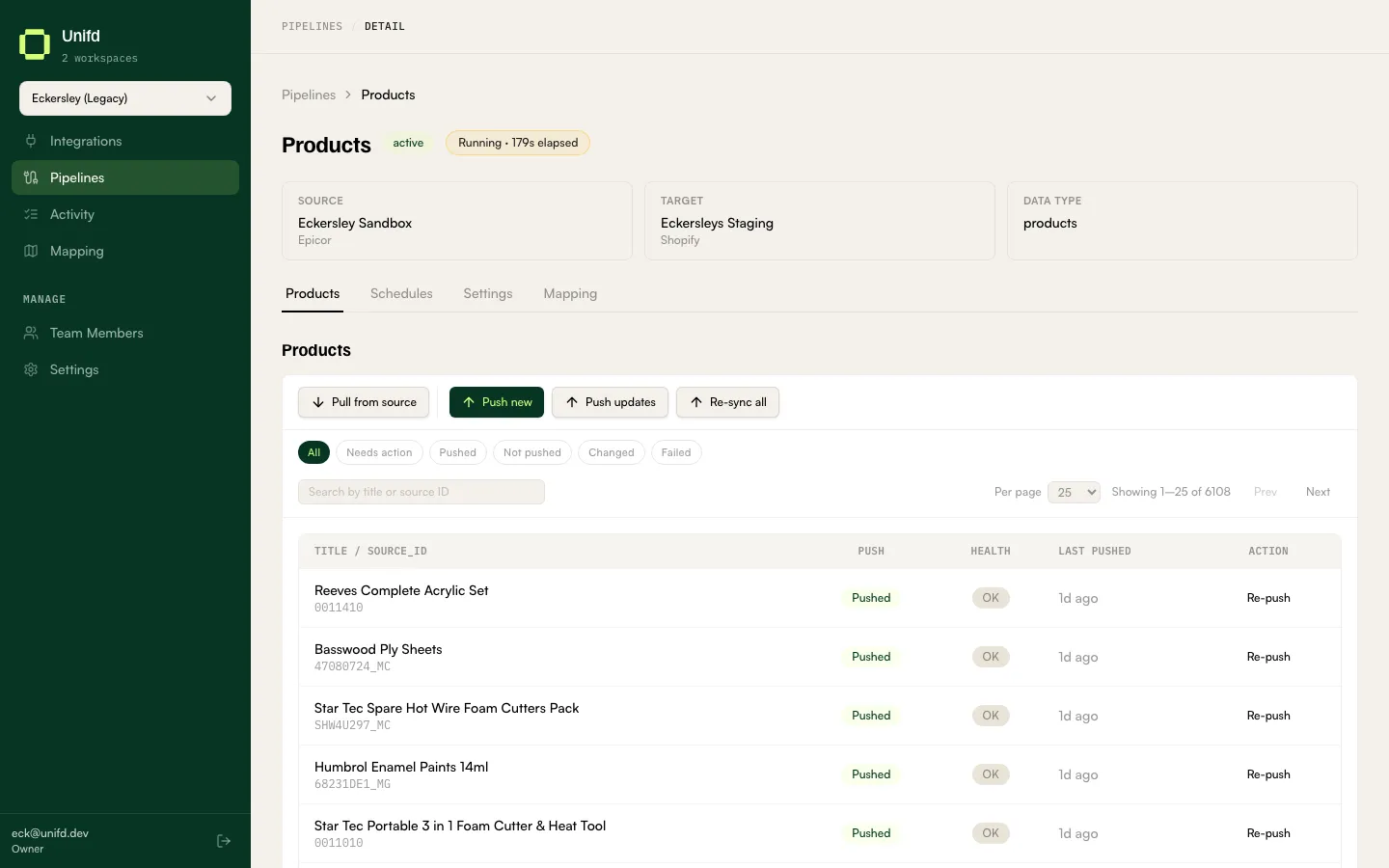 The Products tab listing products with their push state, health and per-row action