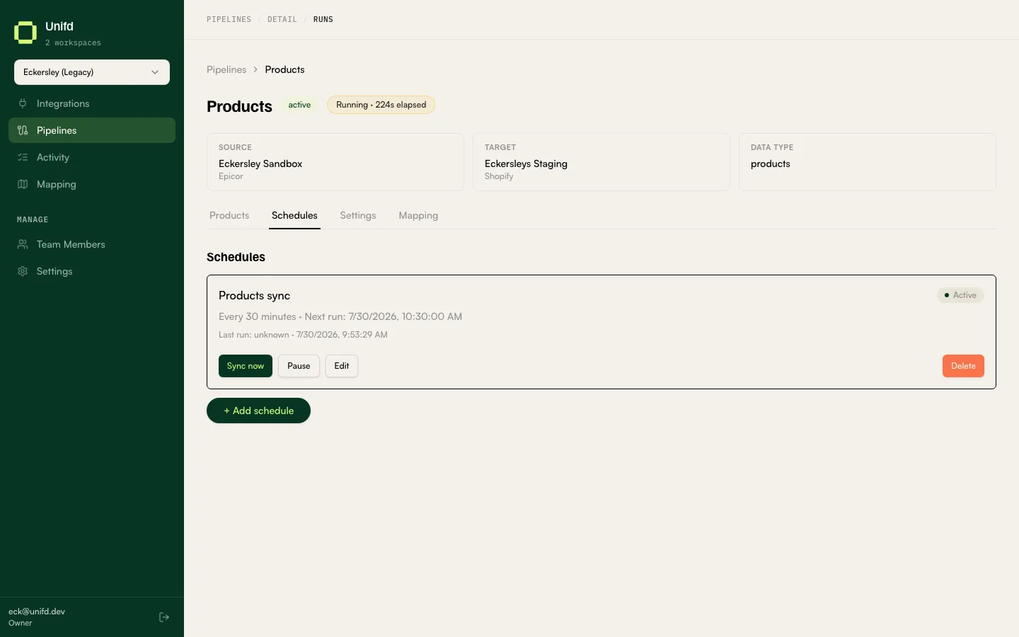 A pipeline’s Schedules tab showing a schedule card with its next and last run