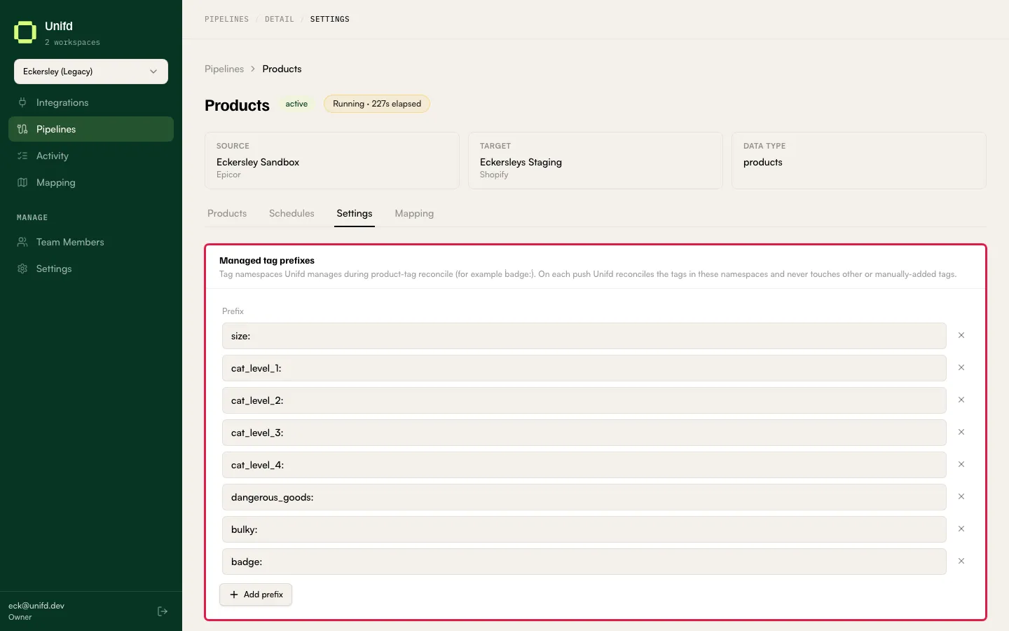 The Managed tag prefixes section of a products pipeline’s settings