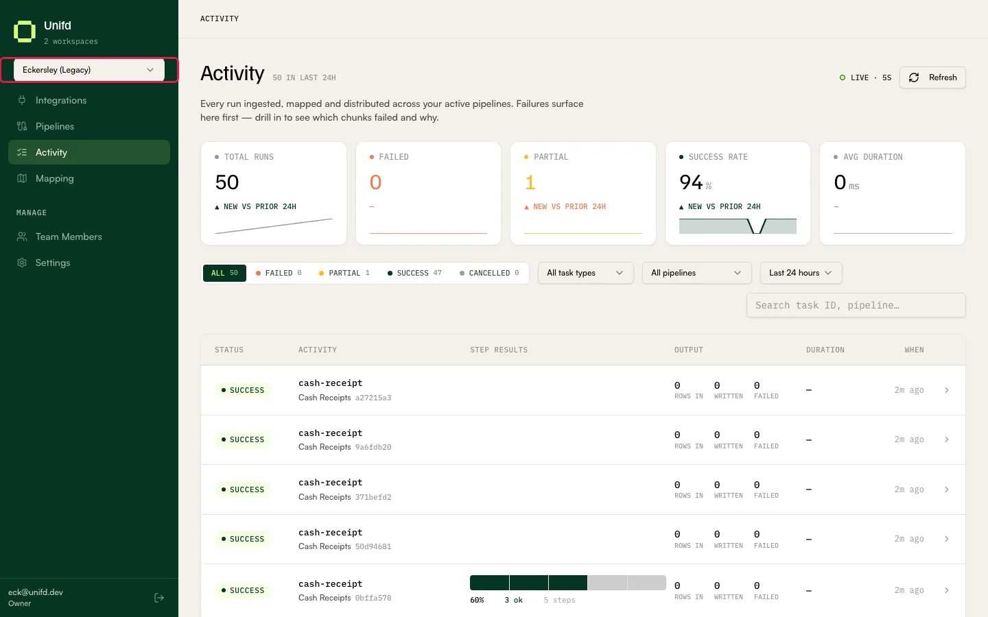 The workspace switcher at the top of the sidebar